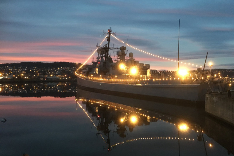 The museum ship KNM Narvik decorated with Christmas lights. Photo